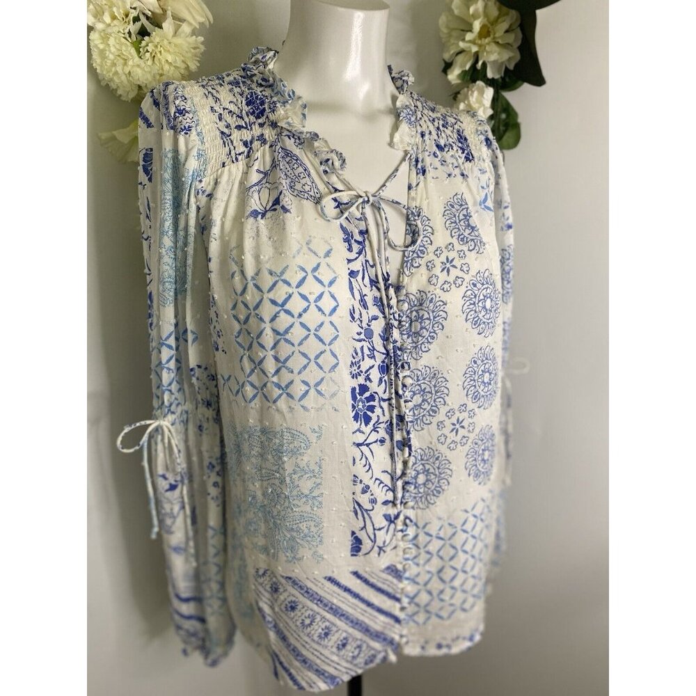 Vintage Smoked Viscose‎ Musette Blouse Top White Blue Boho Size S Ruffled Neck
